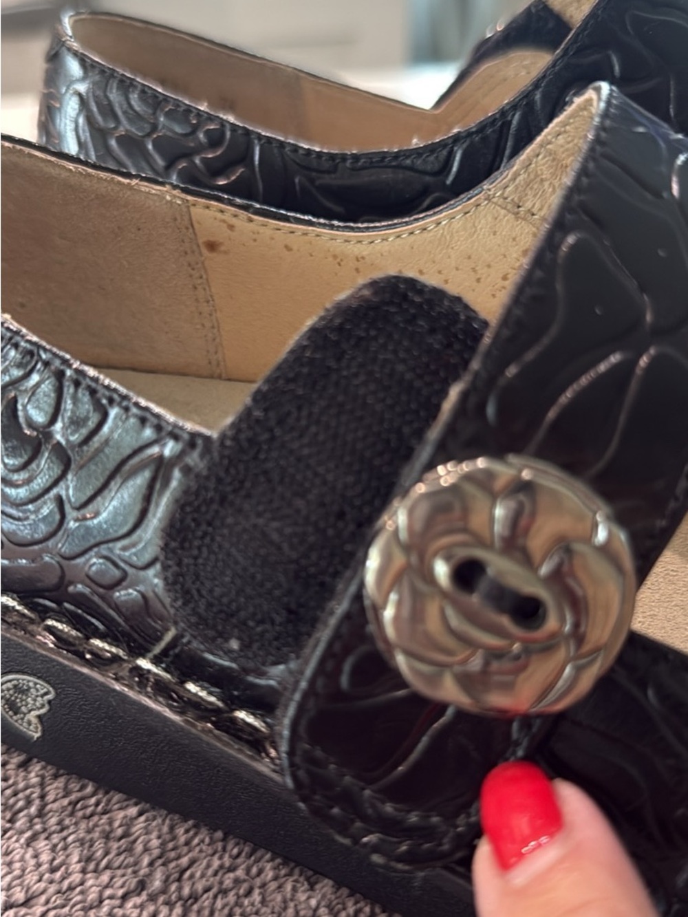 Algeria Women's Black Mary Jane Comfort Flats with Floral Emboss - Picture 7 of 7